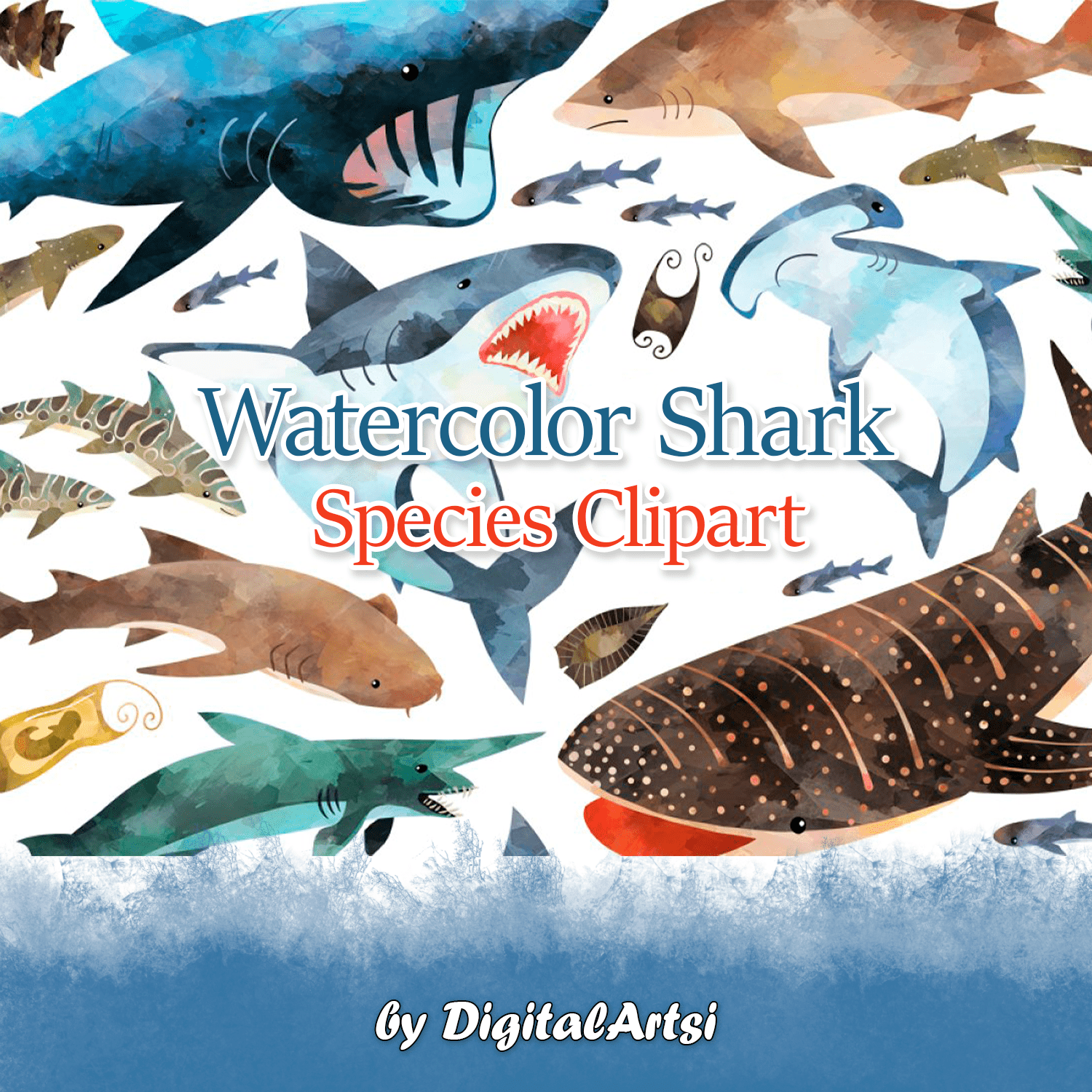 Watercolor Shark Species Clipart cover.