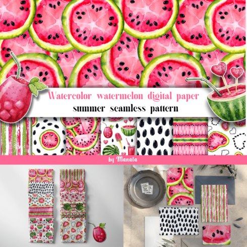 Watercolor watermelon digital paper summer seamless pattern - main image preview.