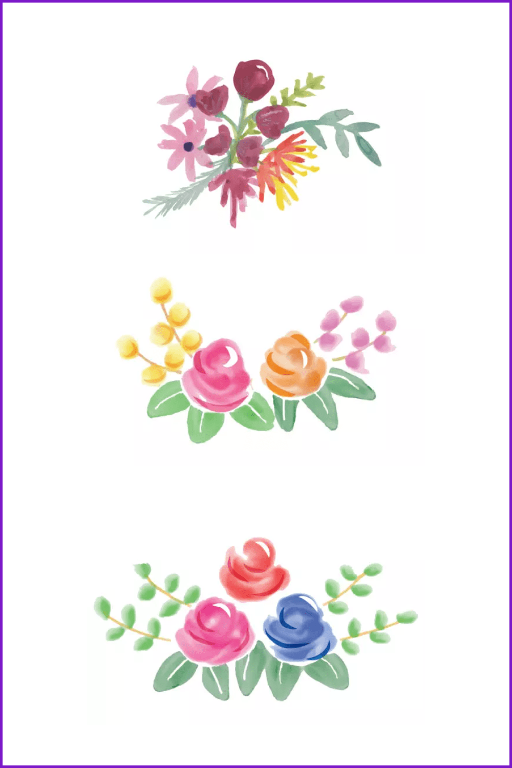 Bright watercolor flower and leaves clip art.