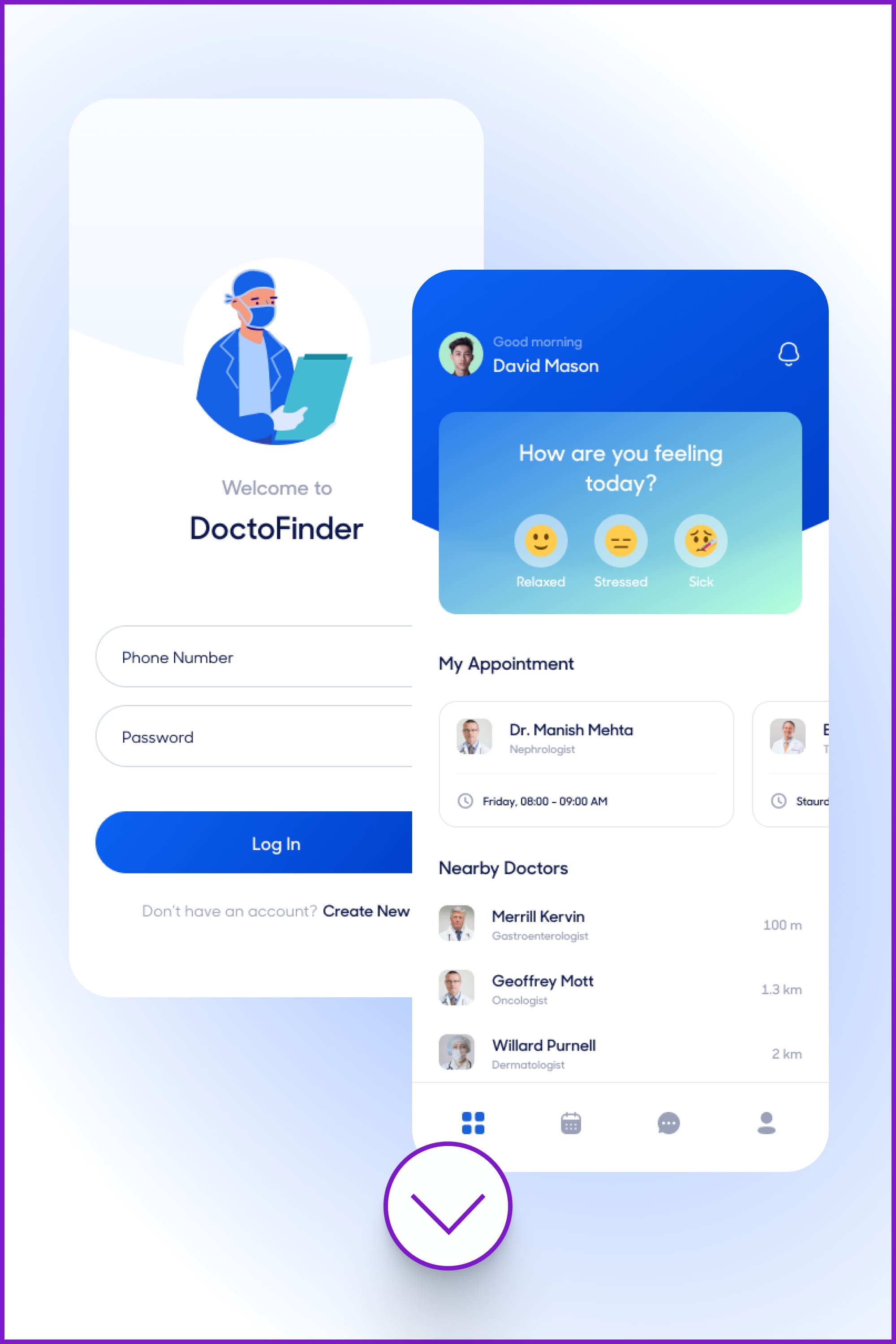 Screenshots of interface for a doctor search application.