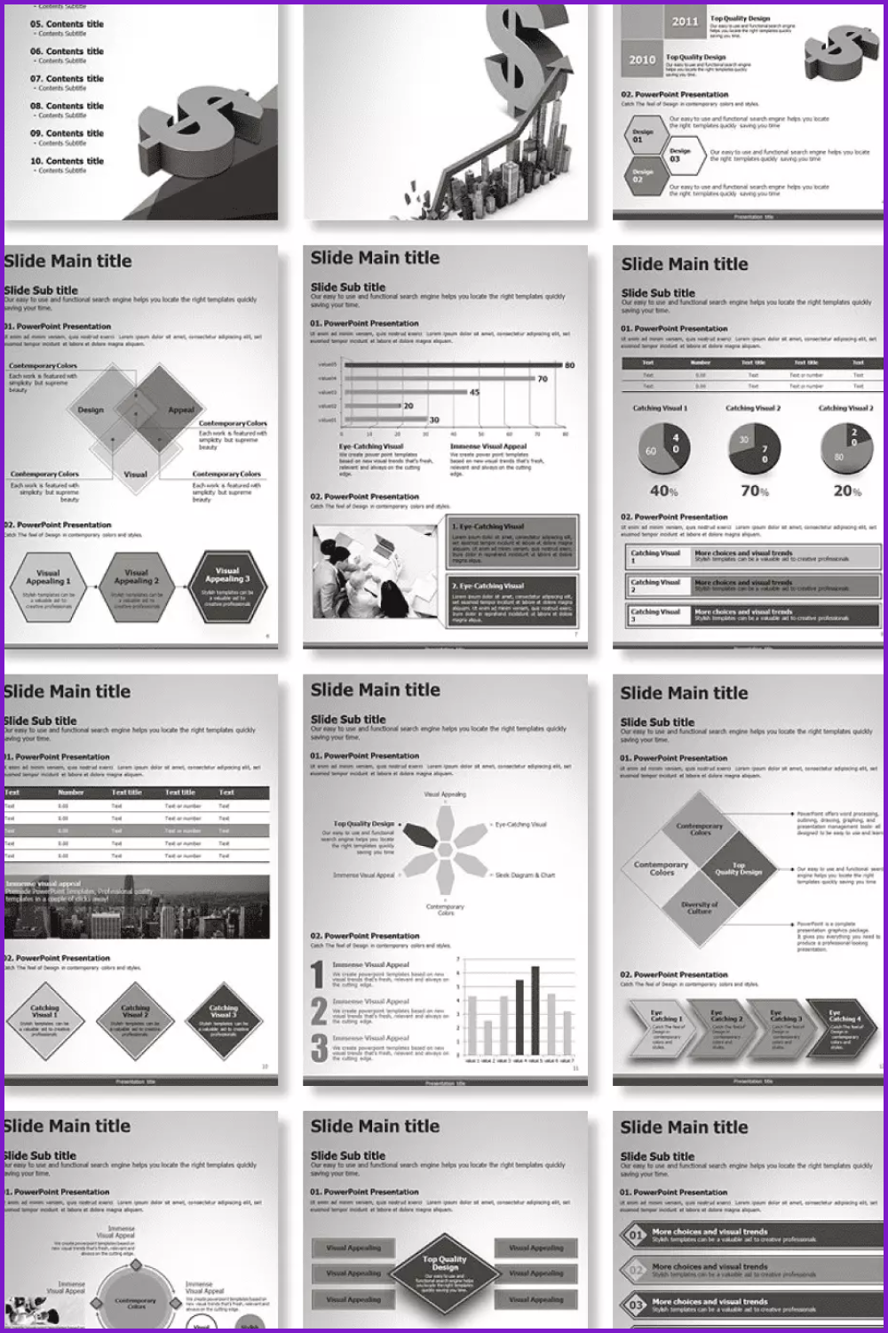 Presentation slides with financial infographics in gray scale