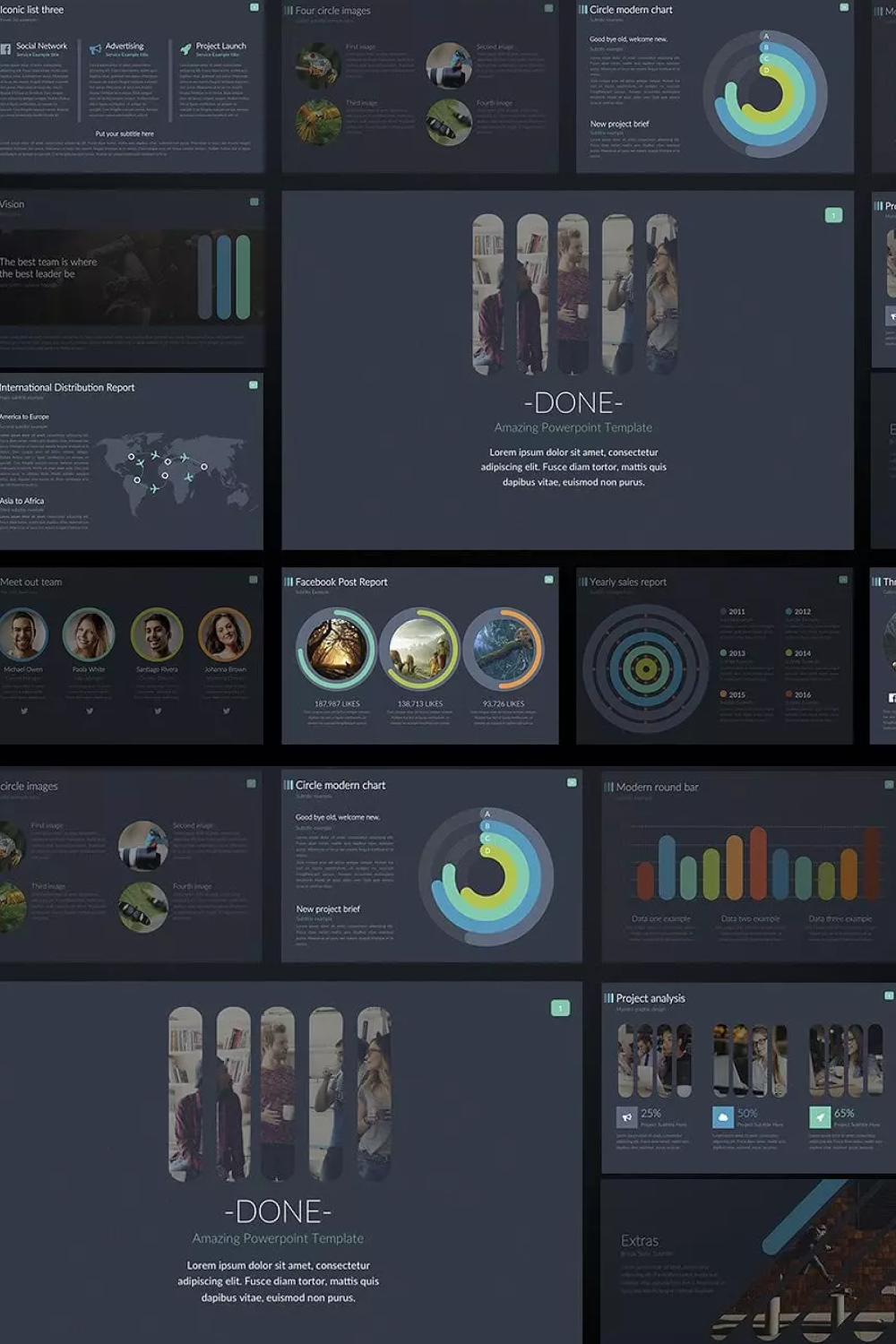 Collage of presentation pages with dark background and infographics.