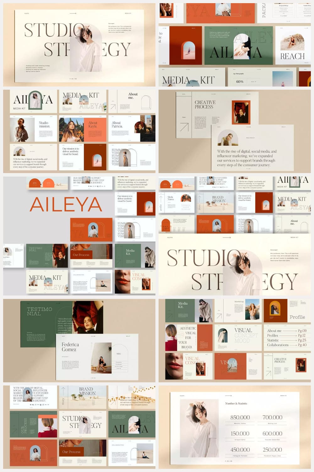 Collage of many presentation pages in orange, pink, beige and green.