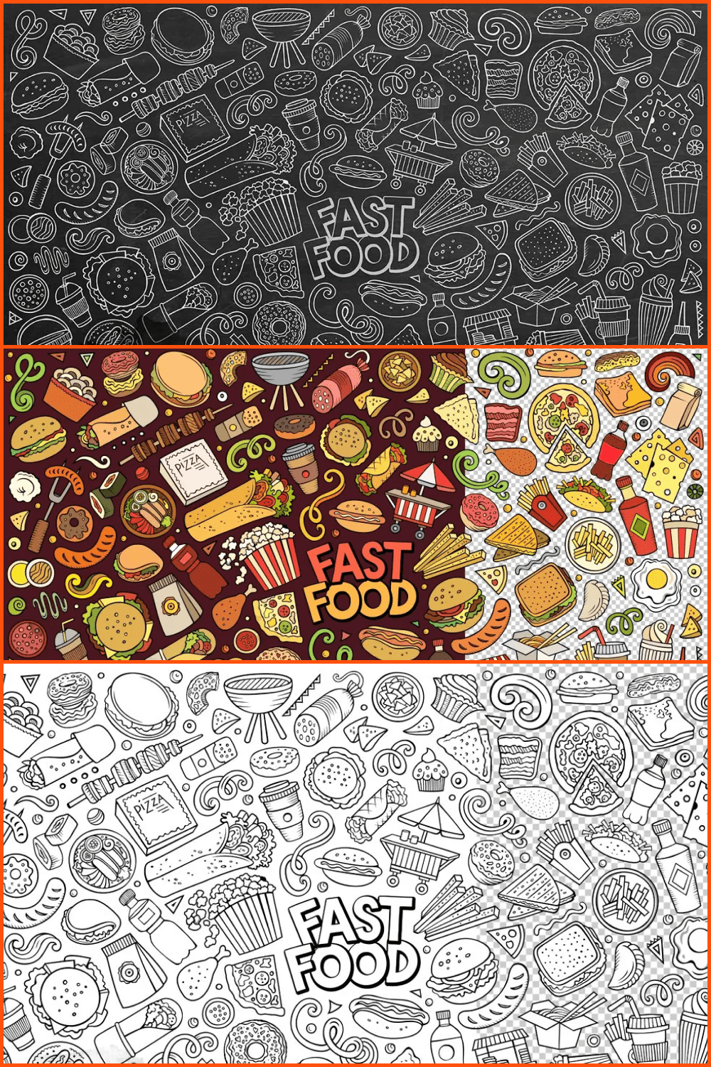Hand drawn cartoon doodles of fast food items.