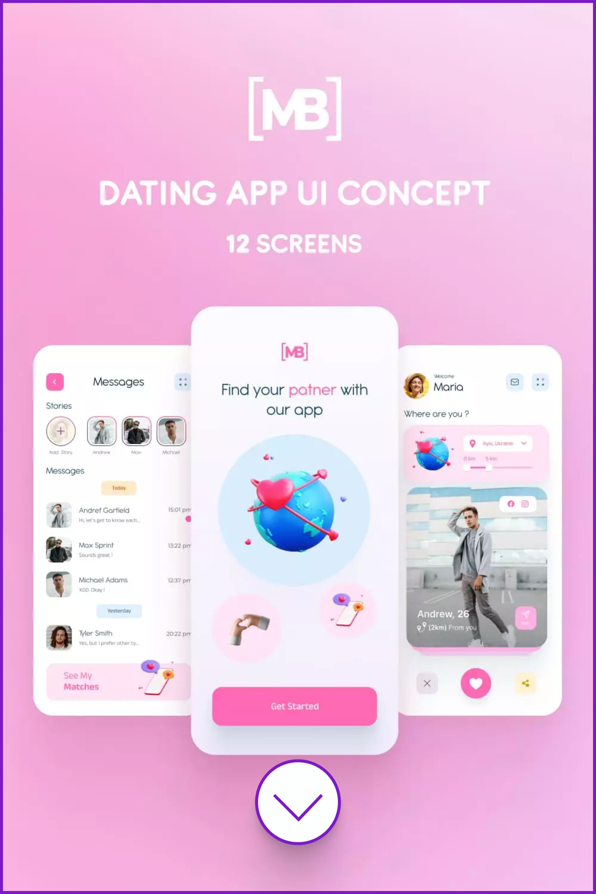 Screenshots of dating app in bright pink color.
