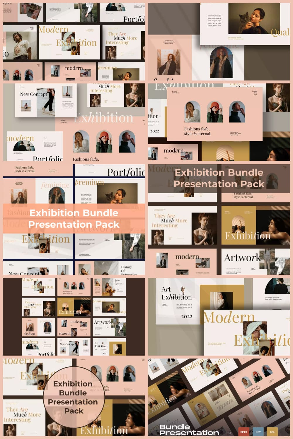 Collage of many pages of presentations in beige color.