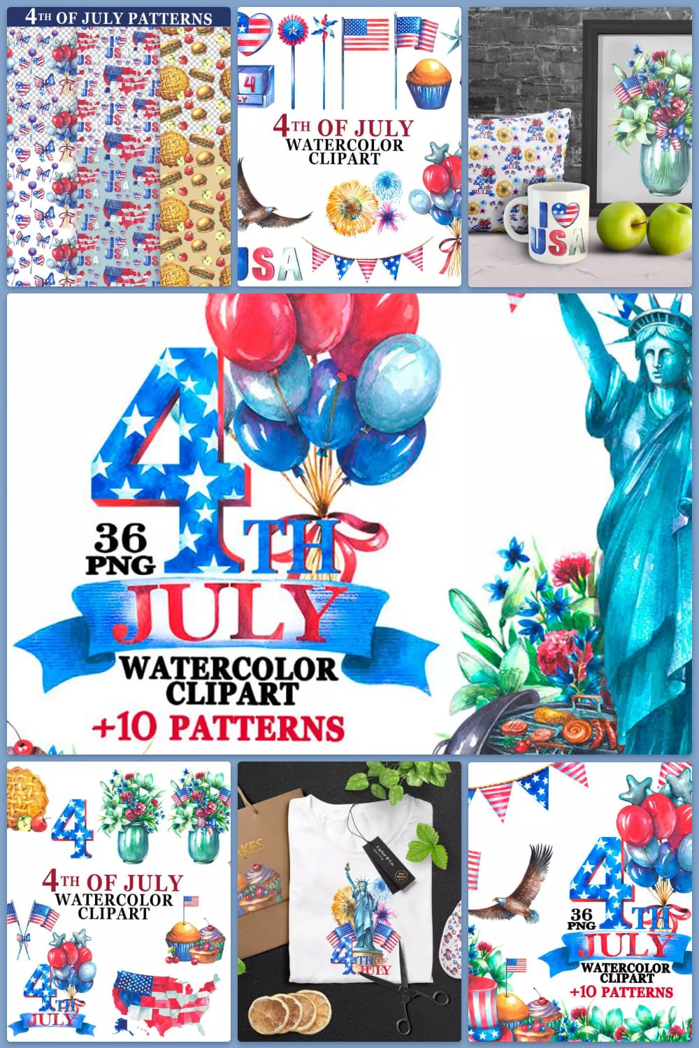 Statue of Liberty, balloons, flags, drawings in the colors of the American flag.