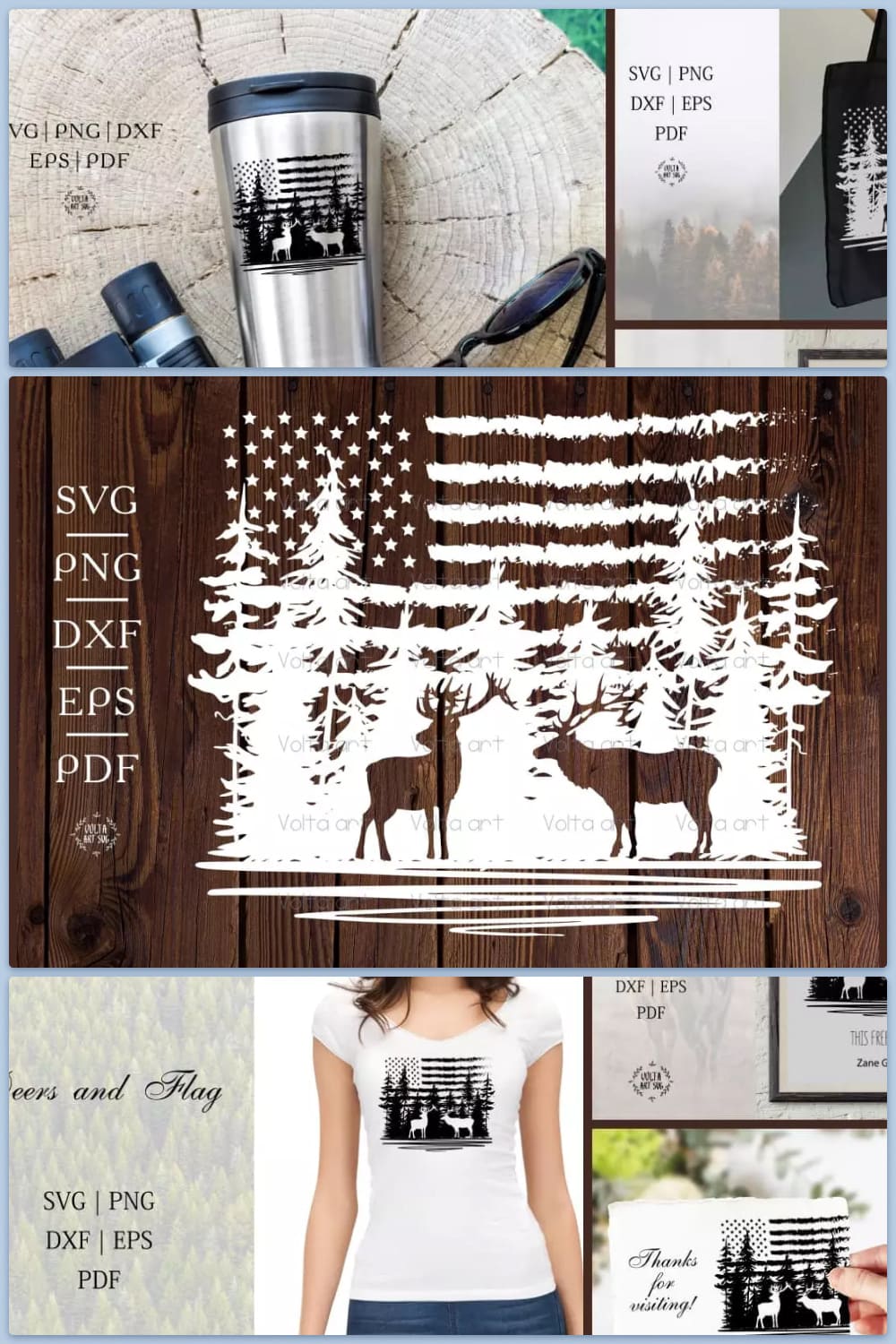Silhouettes of deer in the forest against the background of the American flag.