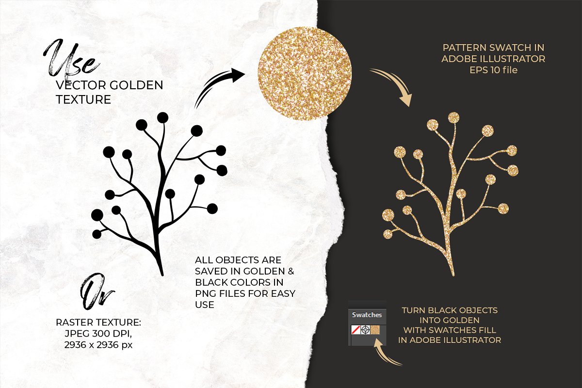 All objects are saved in golden & black colors in PNG Files for easy use.