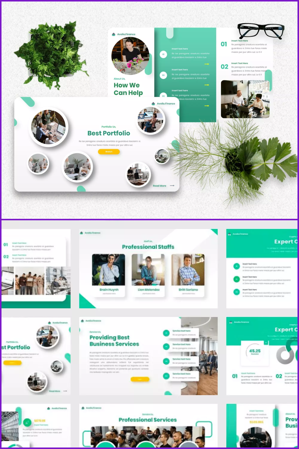 Presentation slides with rounded photos and green accents