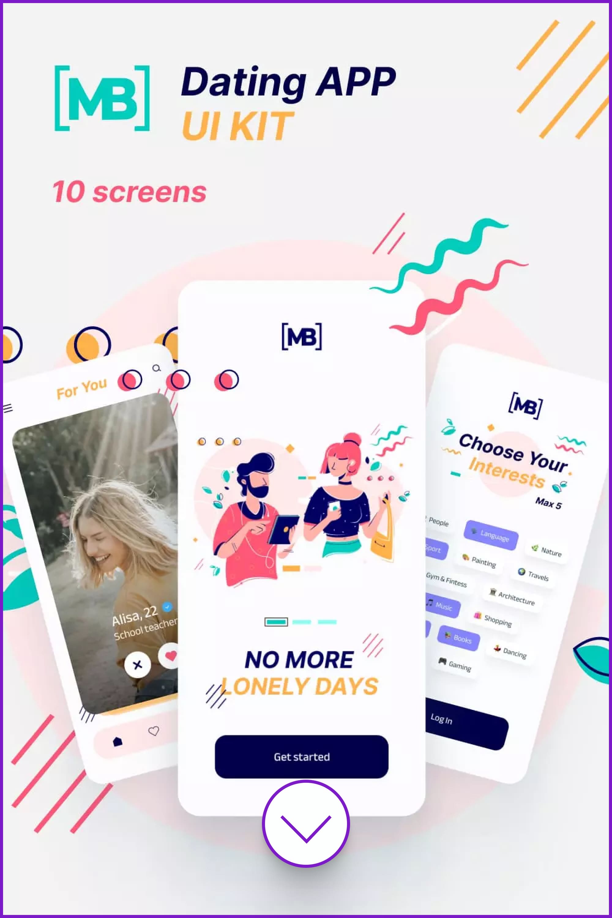 Screenshots of dating app with bright flat illustrations.