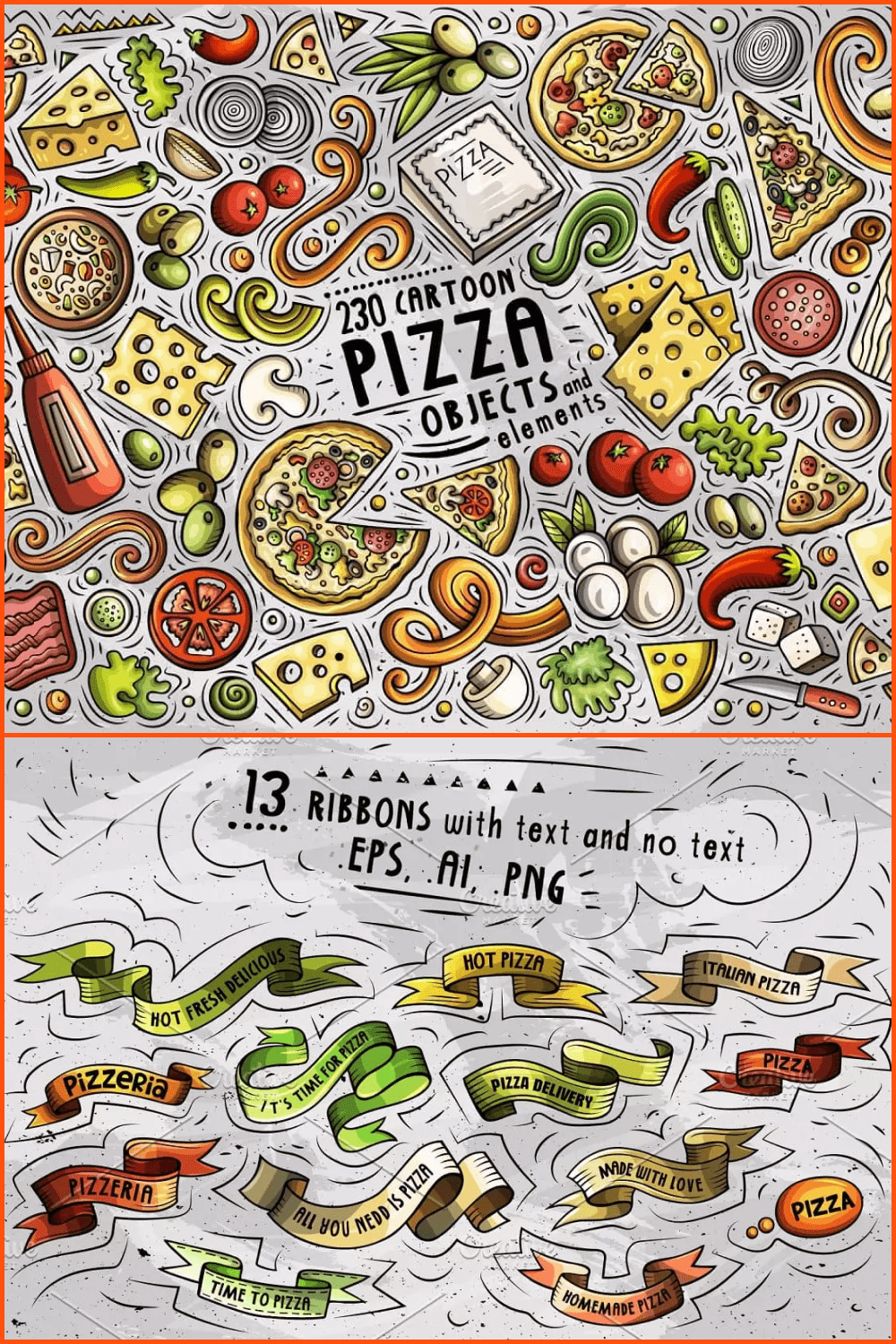Pizza doodles and decorative components.