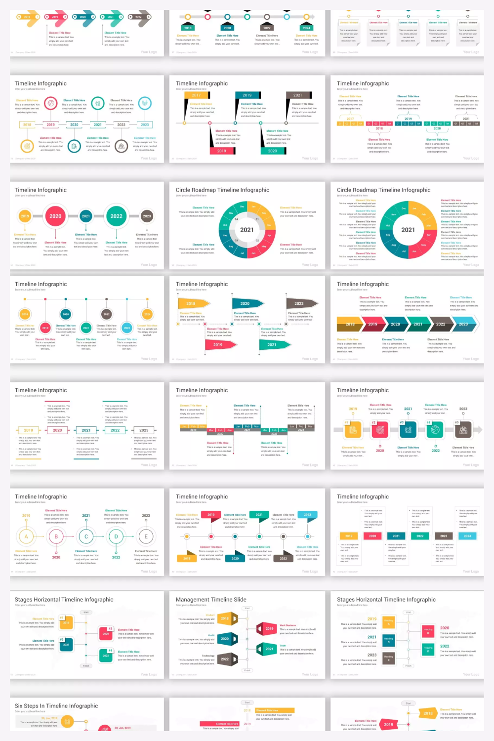 Collage of presentation pages with colorful infographics.