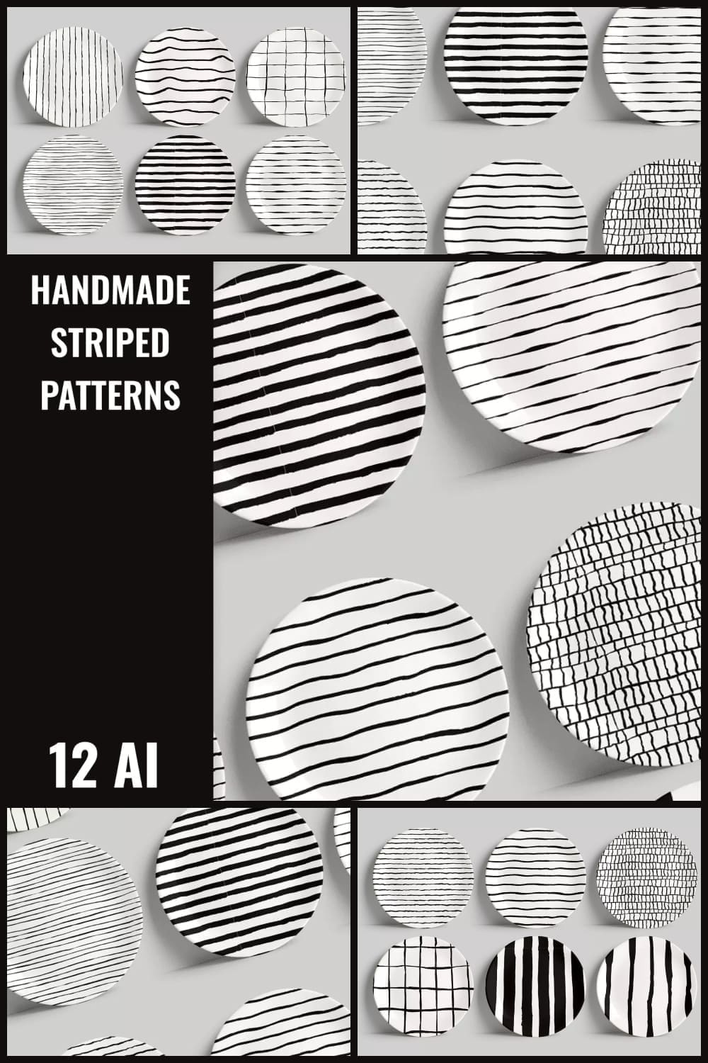 Collage of white plates with black stripes on them.
