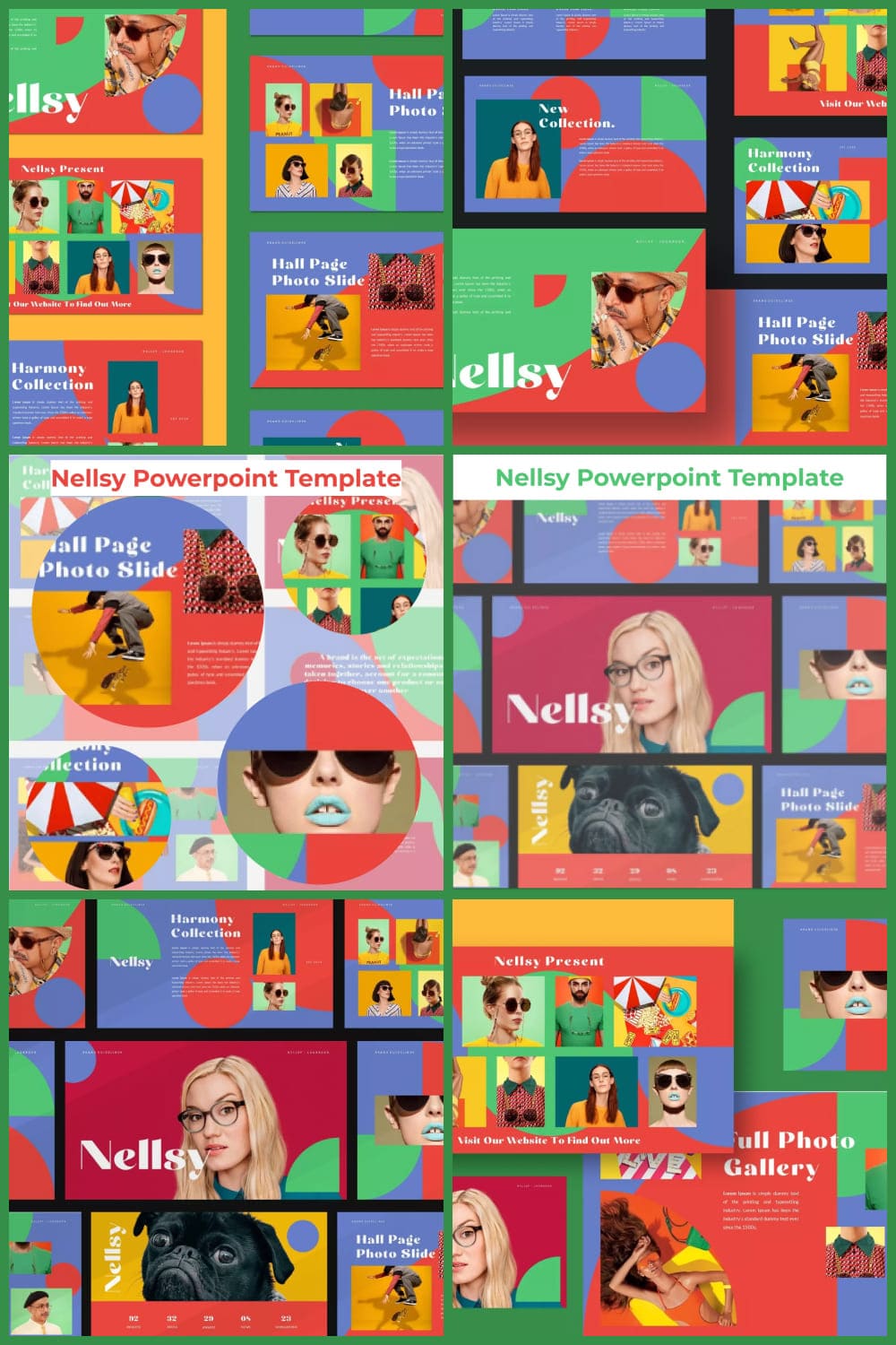 A collage of many pages of very bright, colorful presentations.