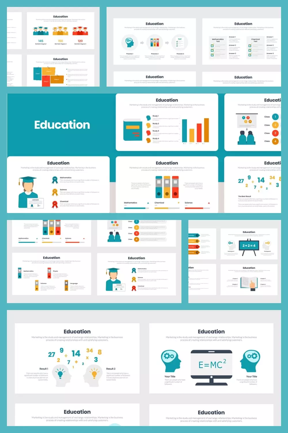 Collage of presentation pages with school infographics.