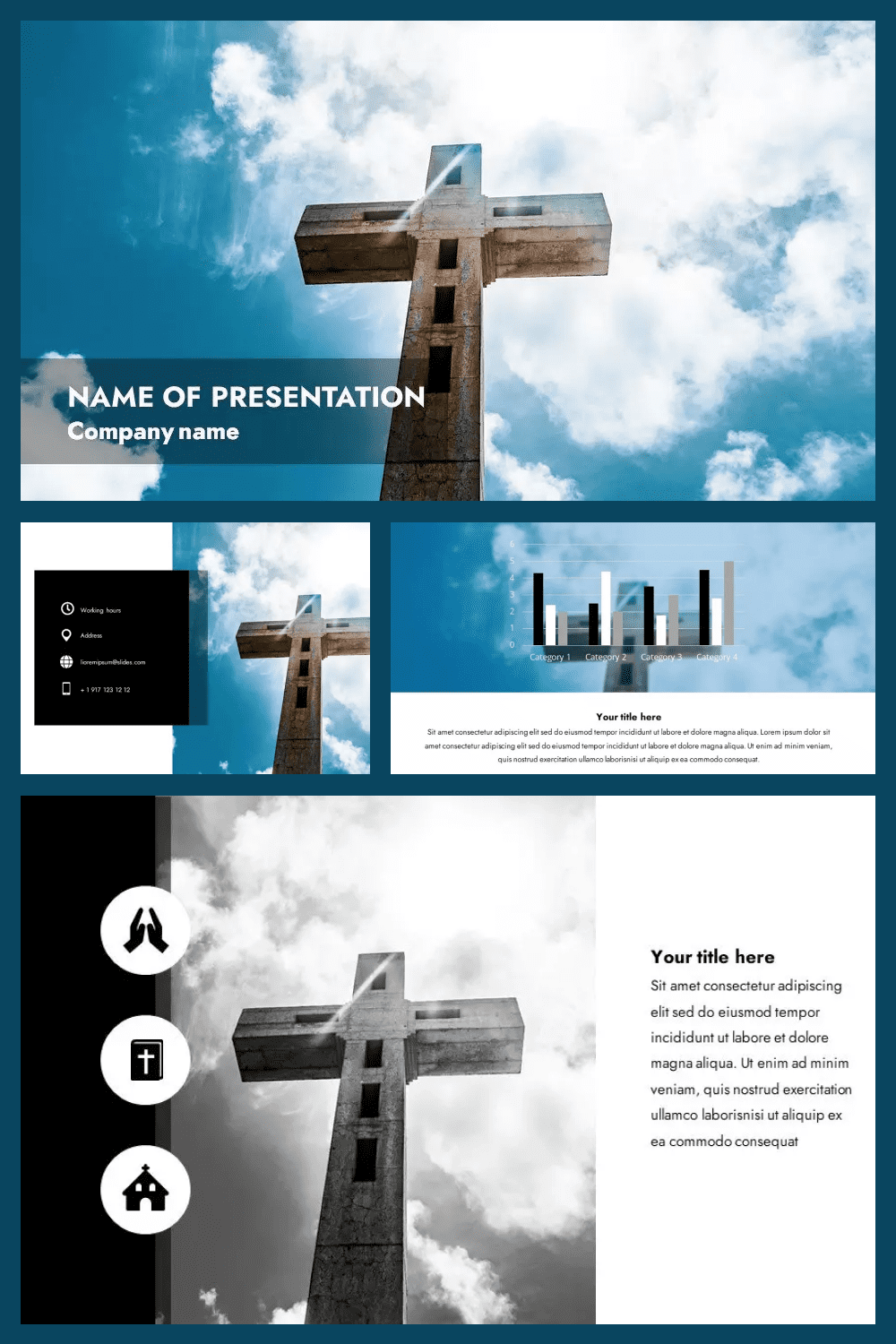 Collage of images with a cross on the background of the sky.
