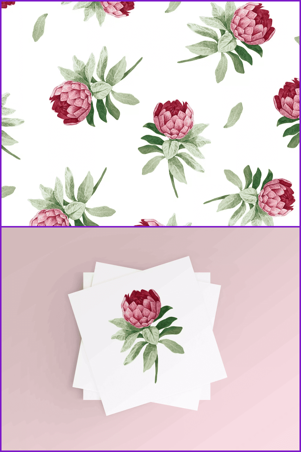 Collage with soft pink flower and bunches of leaves.