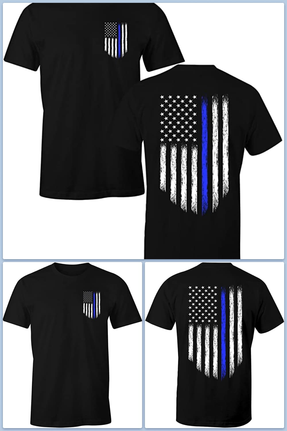 T-shirt with white t US flag and blue stripe.