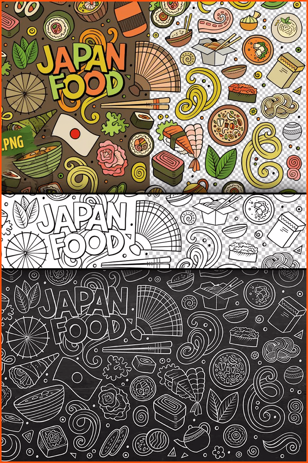 Japan food items, and symbols in vector hand-drawn cartoons.