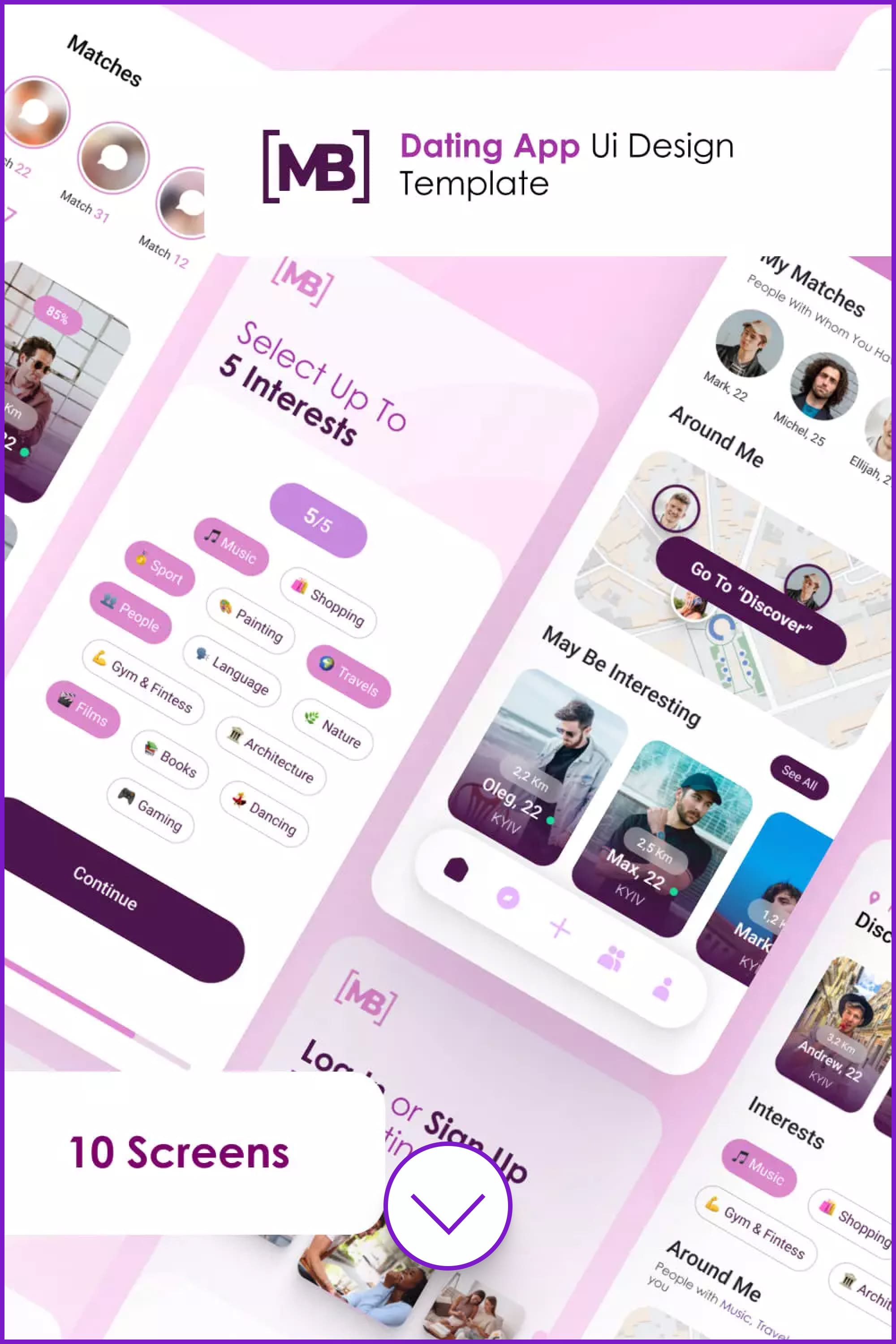 App screens in pink & purple colors.
