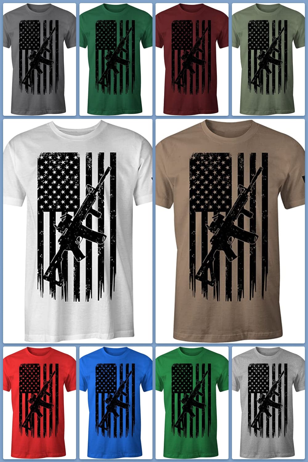 T-shirt collage with USA flag and rifle.
