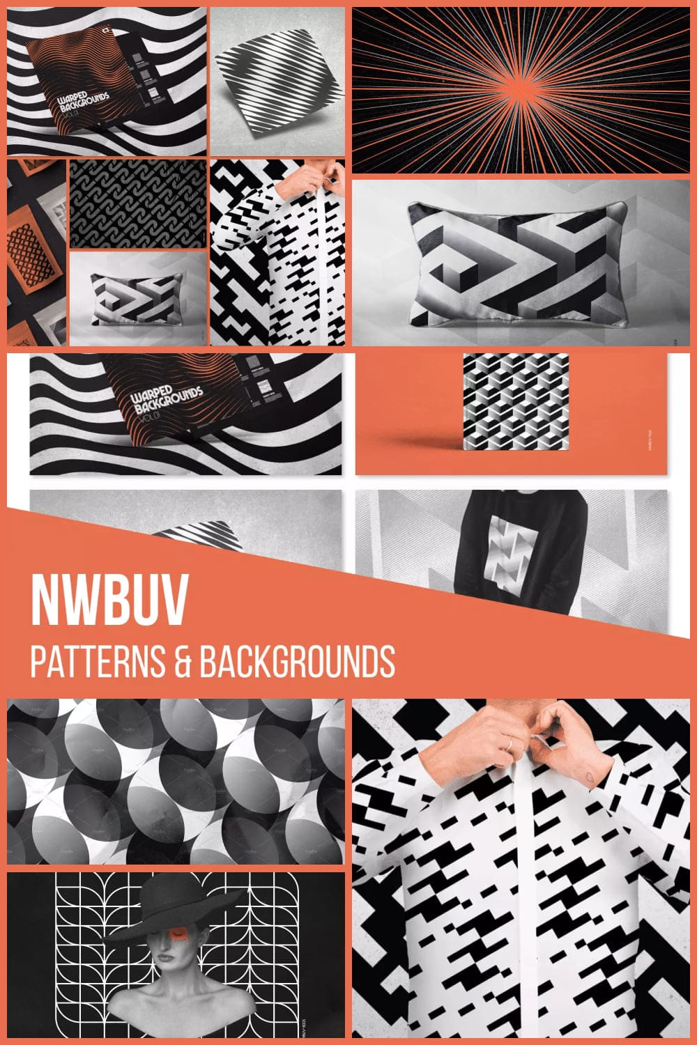 Collage of images of black and white geometric patterns.