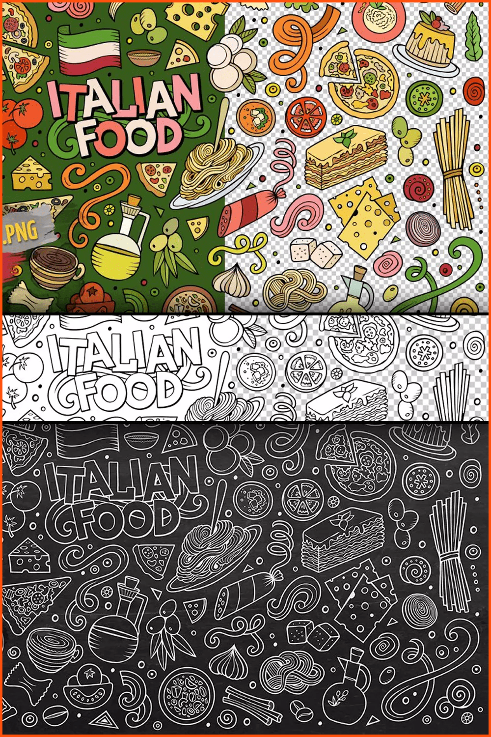 Cartoons of Italian food with cute doodle pizza.