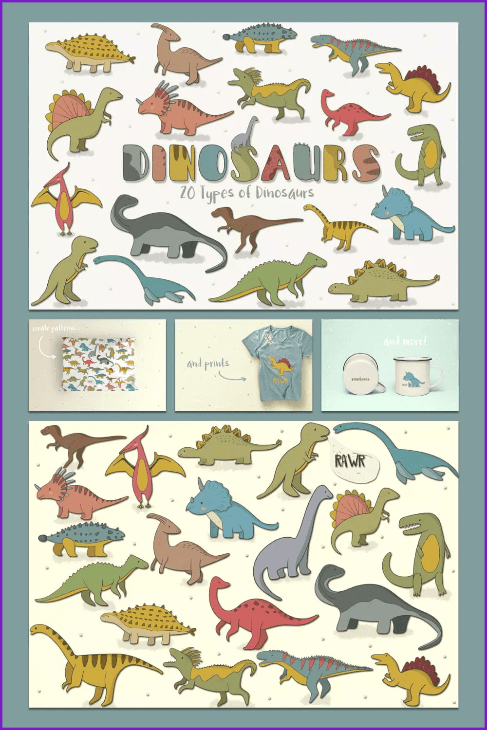 Cute drawing colorful dinosaurs.