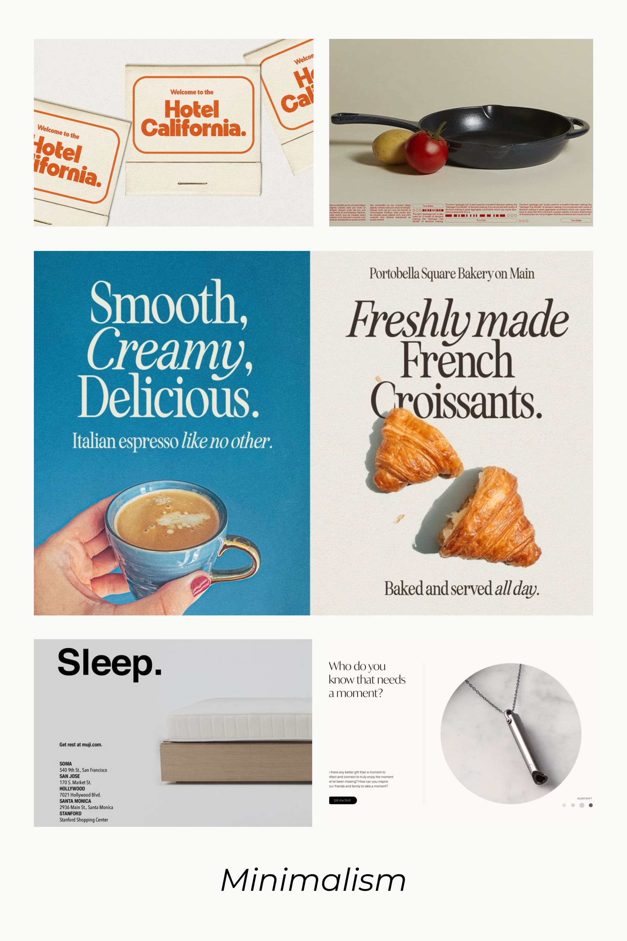 Collage of posters with coffee, croissants, frying pan.