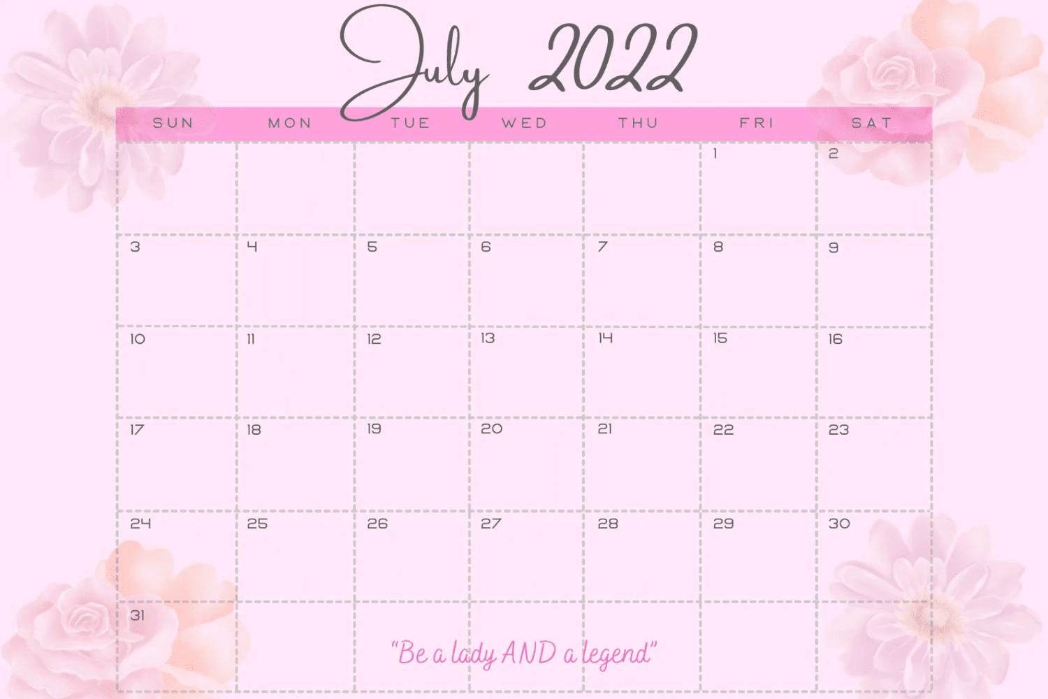 Calendar in pink colors with flowers on the background.