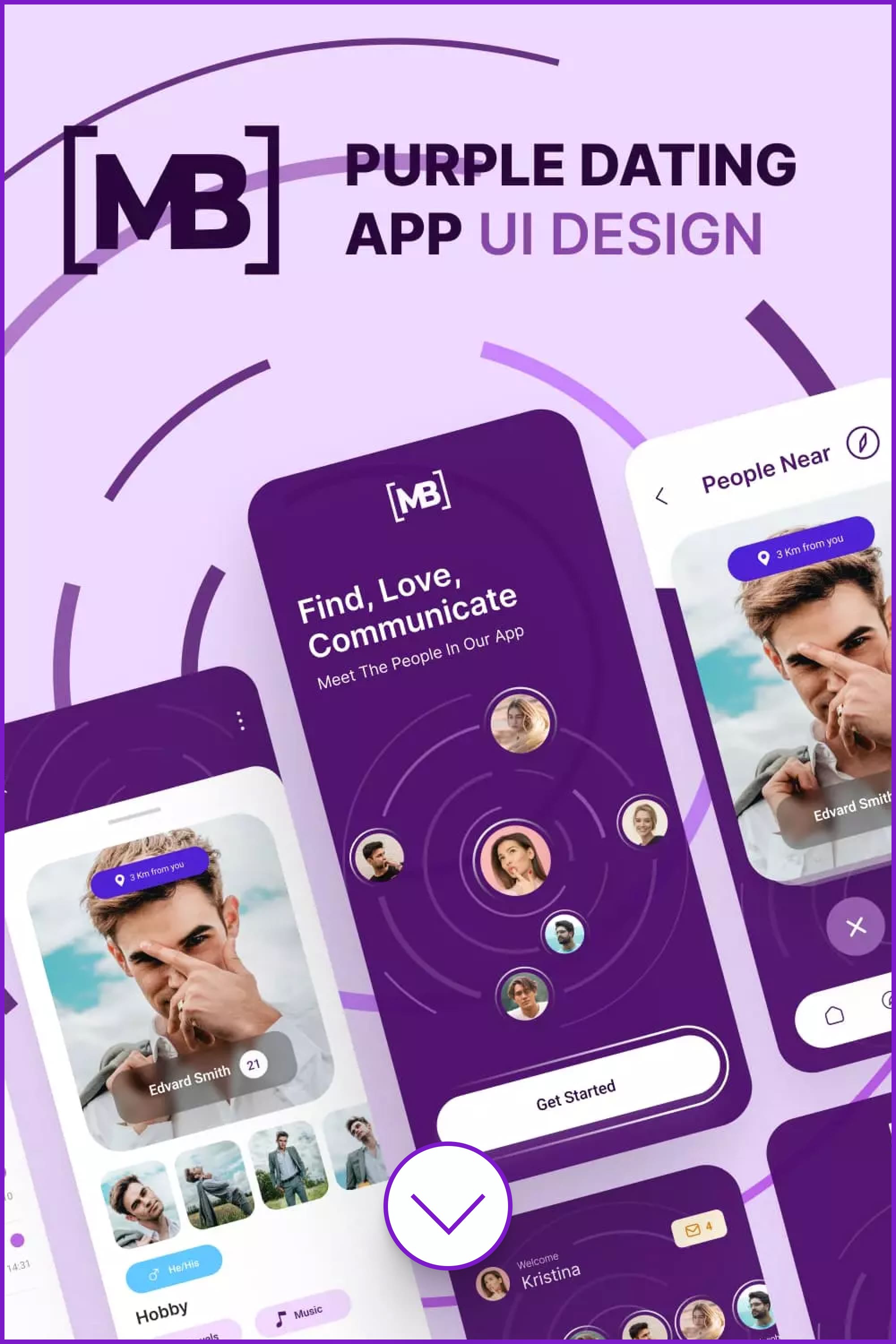 View of app with circular lines in purple colors.