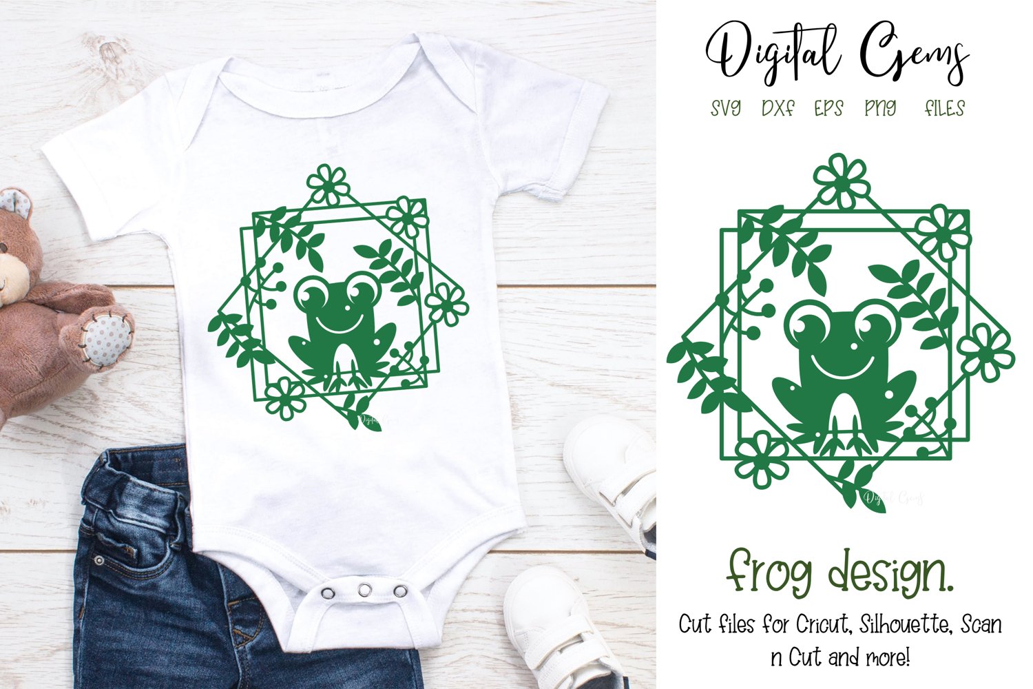 Baby bodysuit with a frog design on it.