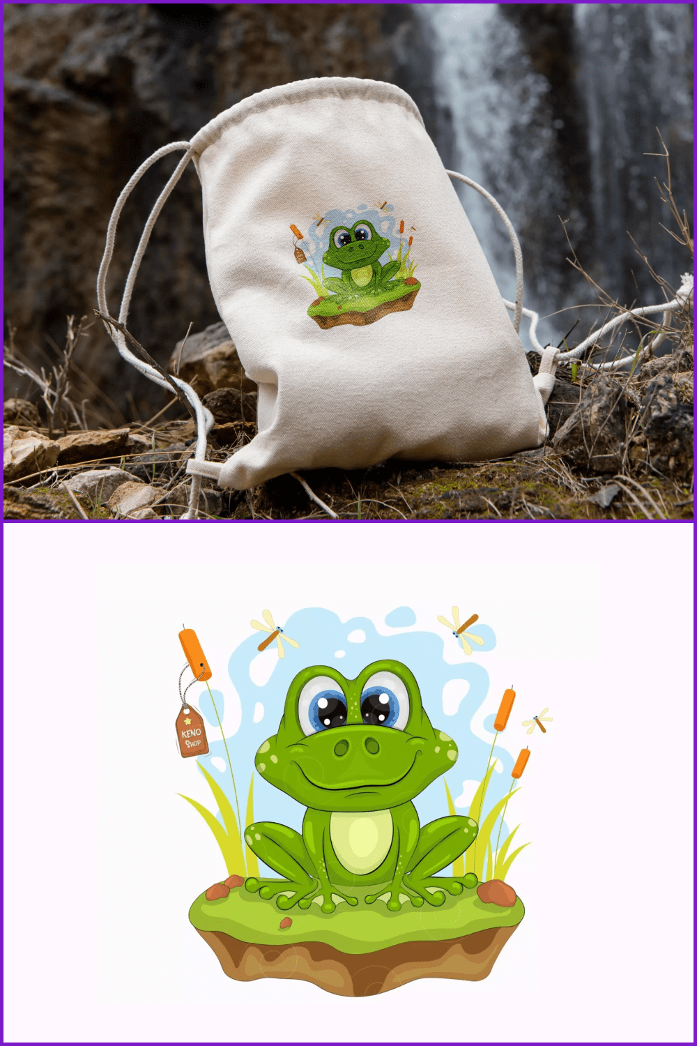 Cartoon Green Frog on the bagpack.