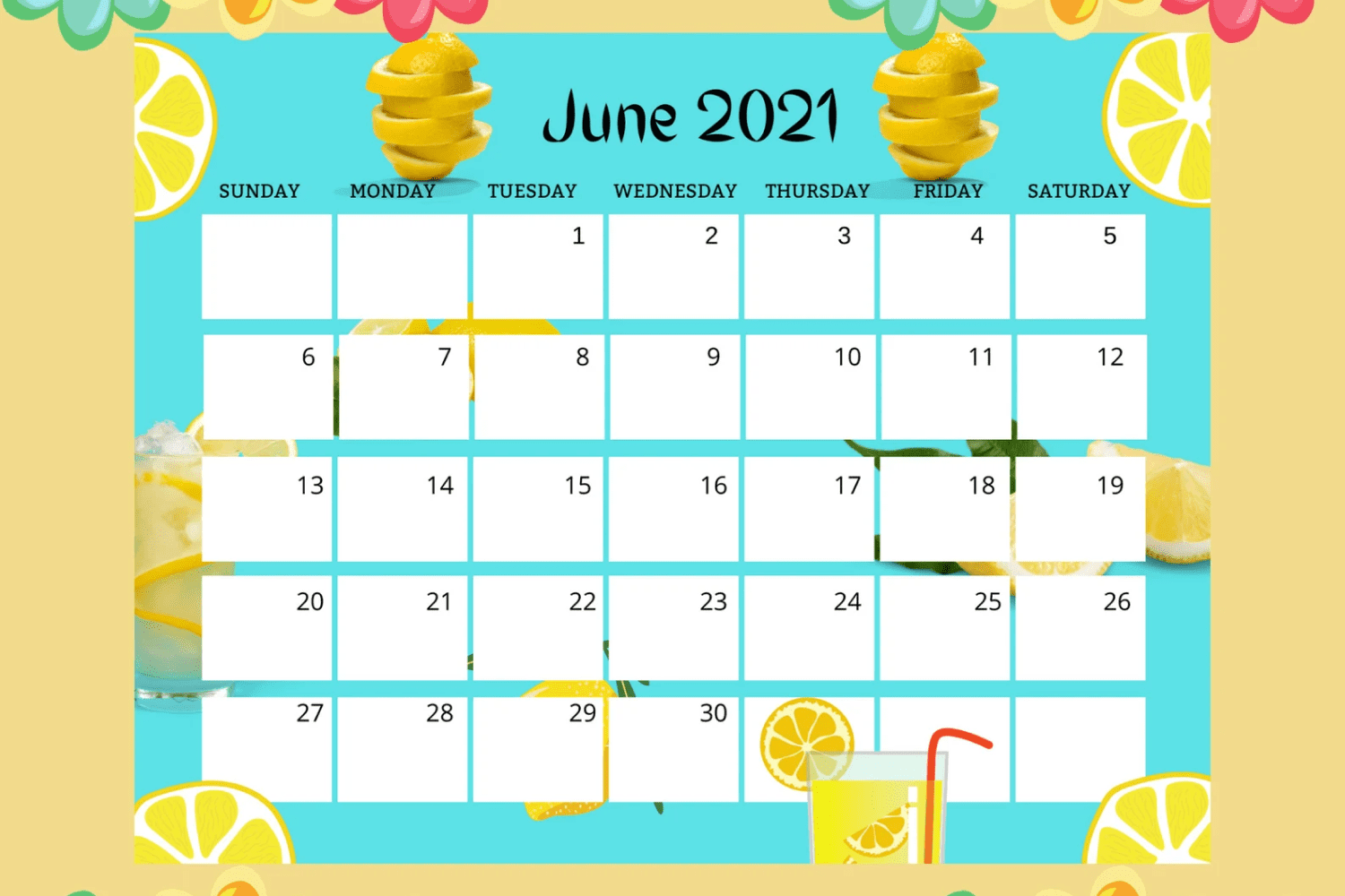 Green and white calendar with lemons.