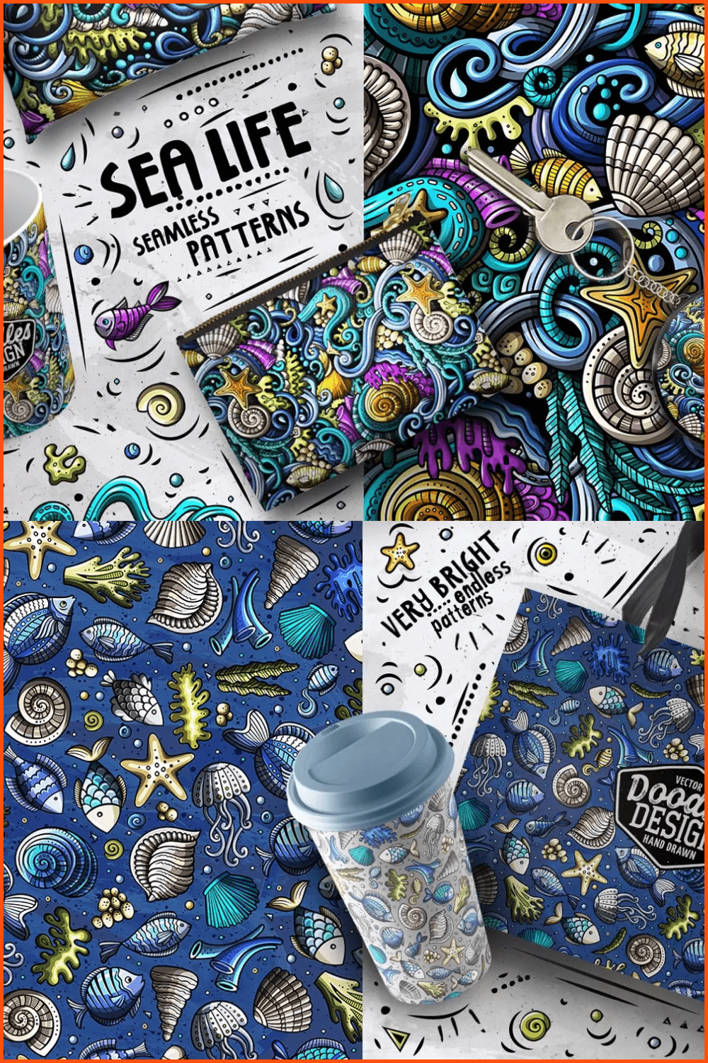 Colorful Sea Life Doodle Seamless Patterns.