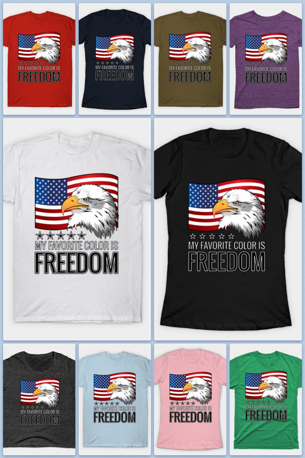 Collage of colorful t-shirts with flag and eagle.