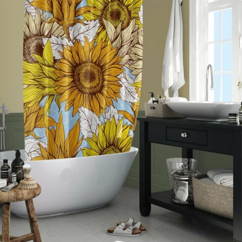 Sunflower pattern in bathroom.