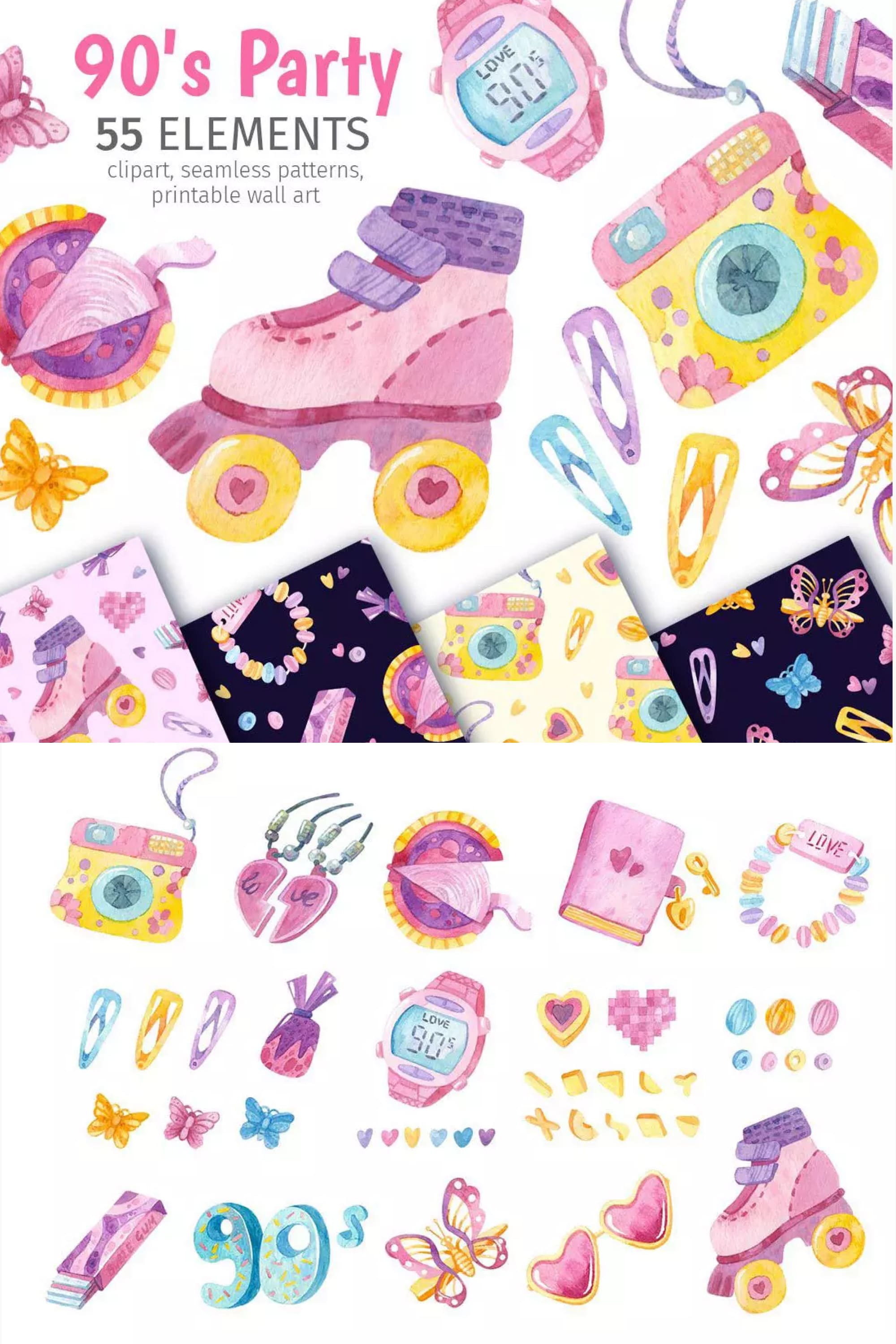 Collage of 90s watercolor style clipart.