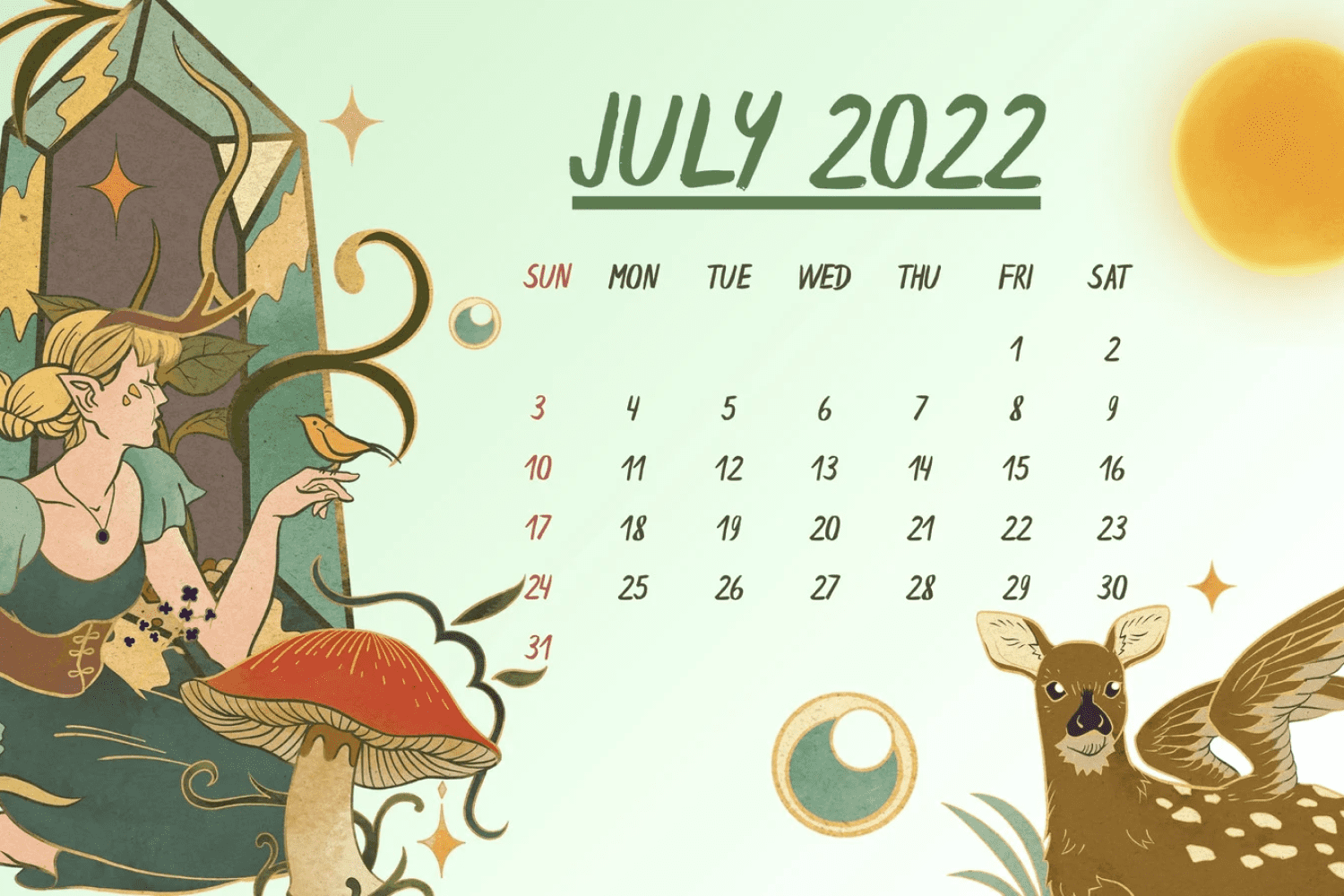 Calendar with drawn deer, girl in the forest, mushroom.