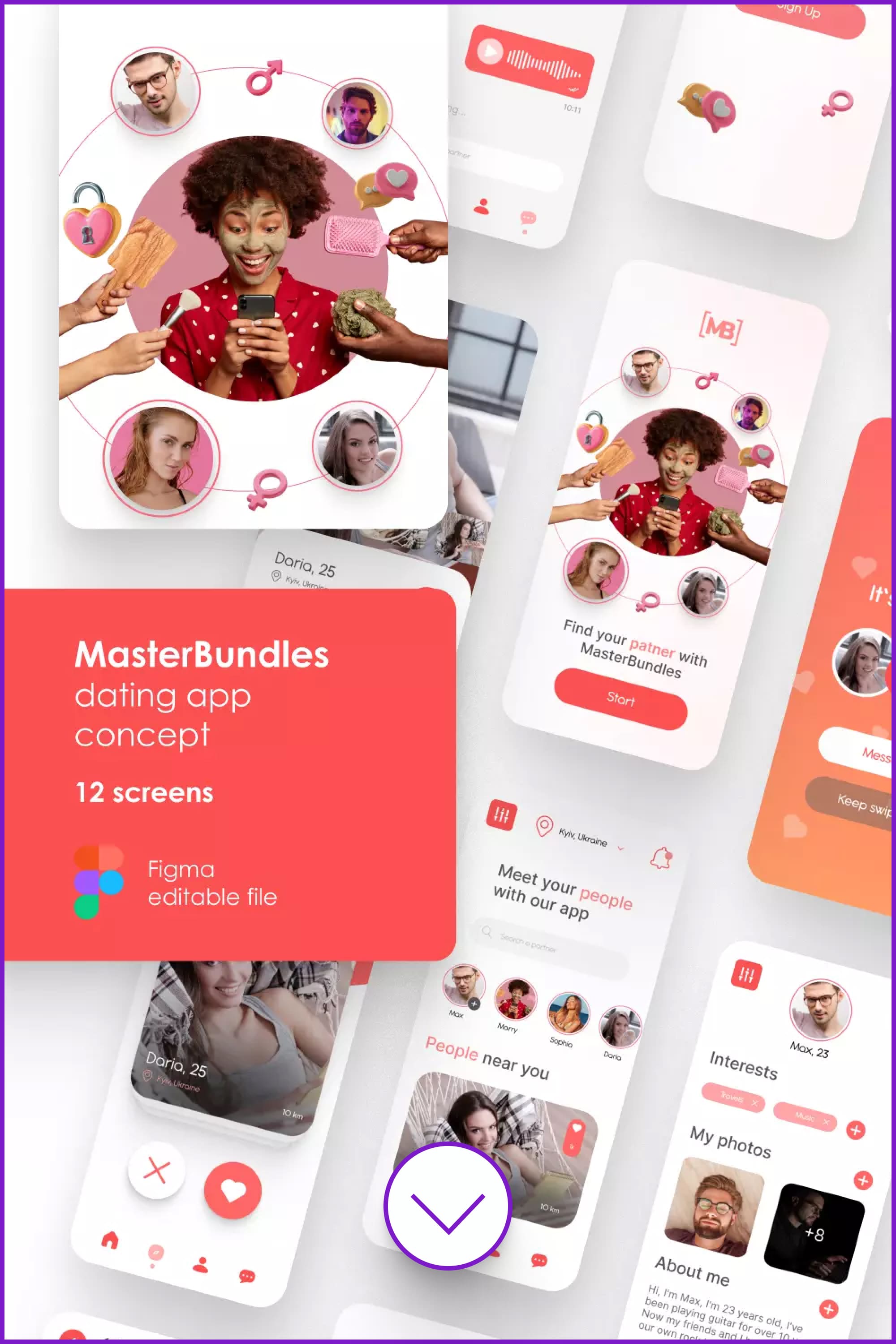 Screenshots of dating app with 3d icons.