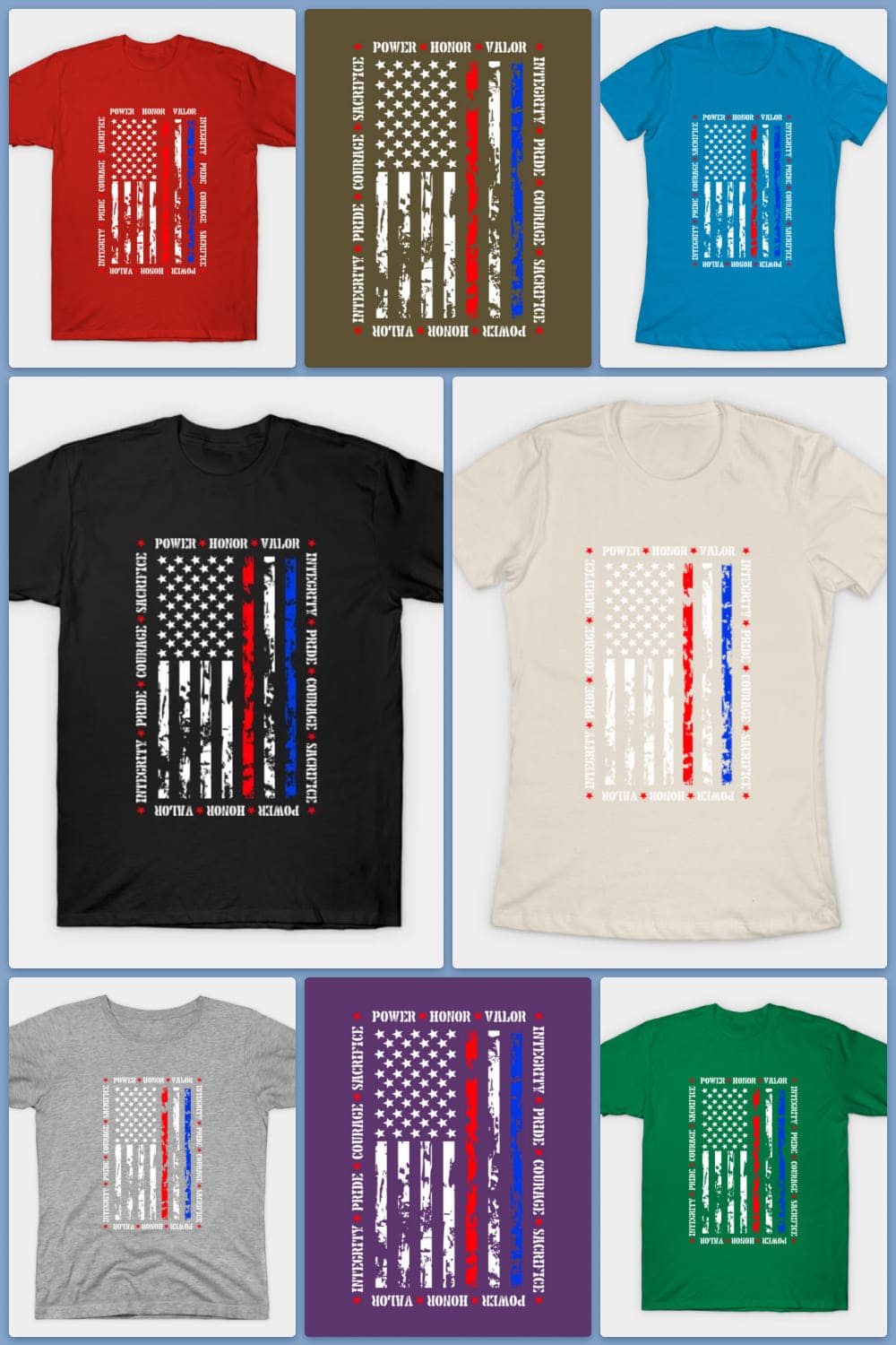 Collage of colorful t-shirts with a stylized USA flag.