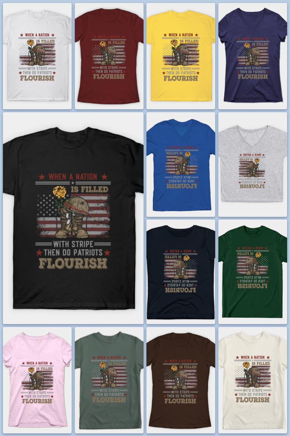 Collage of multi-colored t-shirts with a flag and military ammunition.
