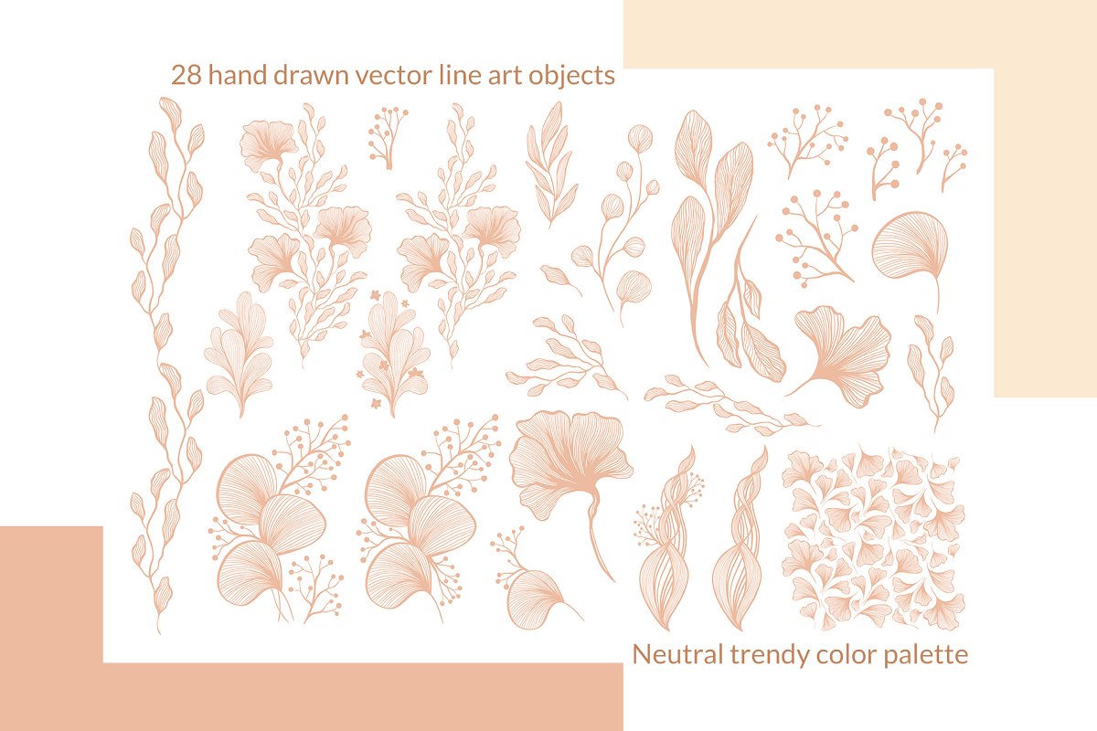 28 hand drawn vector line objects with neutral trendy color palette.