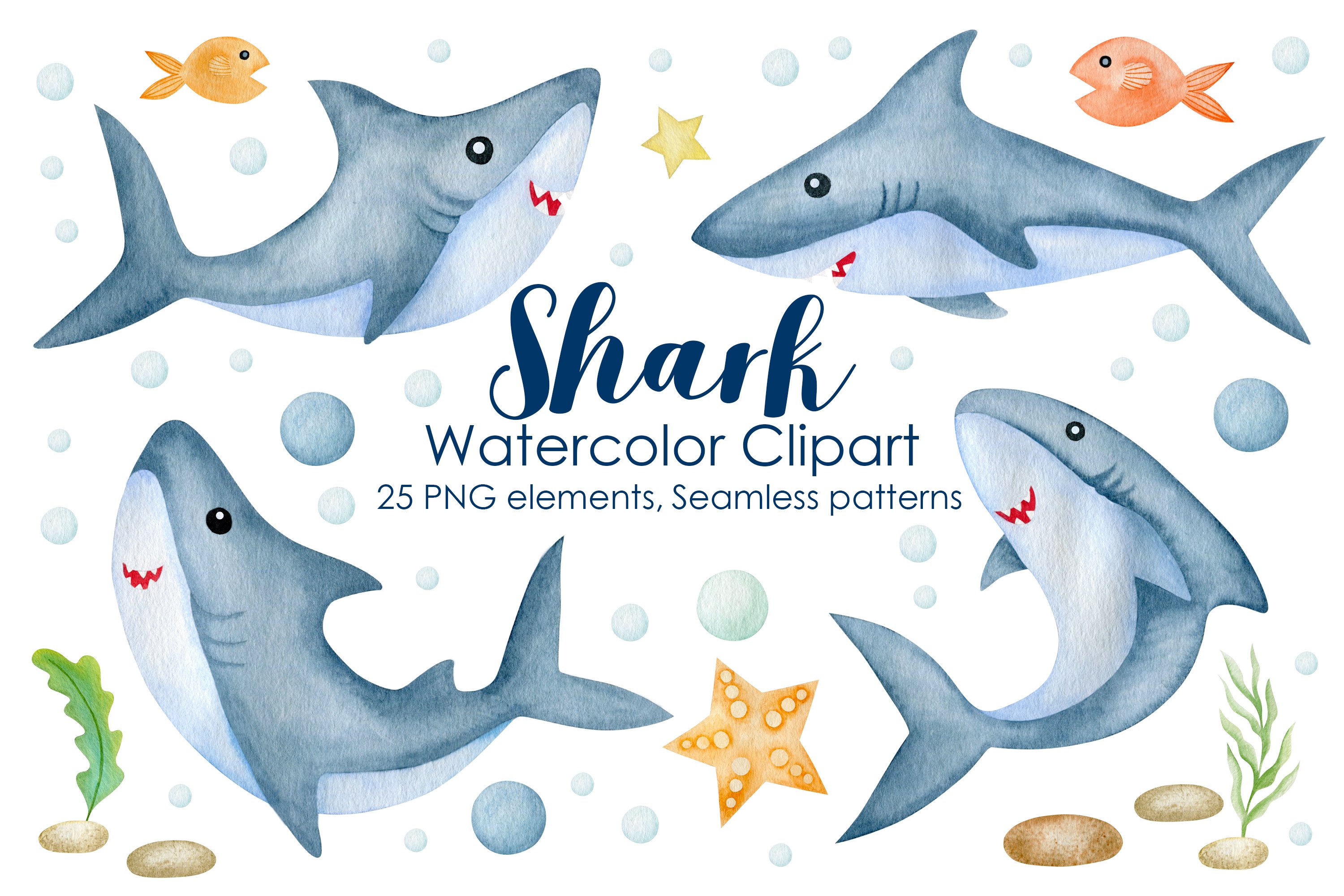 Cute watercolor shark collection.