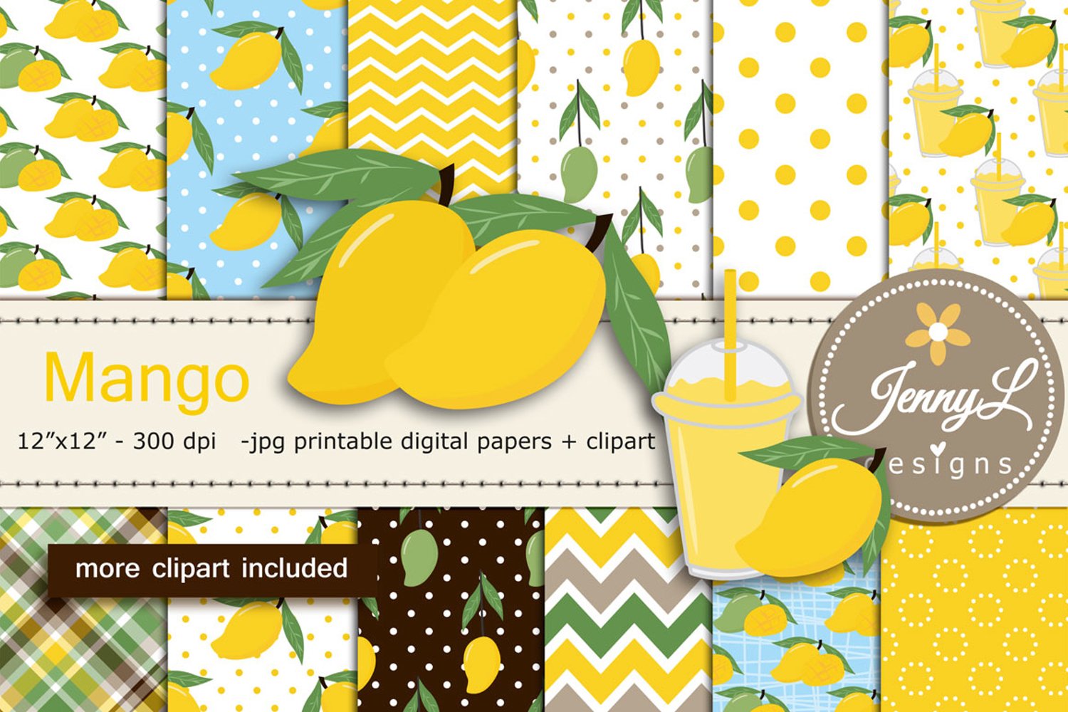Cover image of Mango Digital Papers and Mango Juice Clipart SET.
