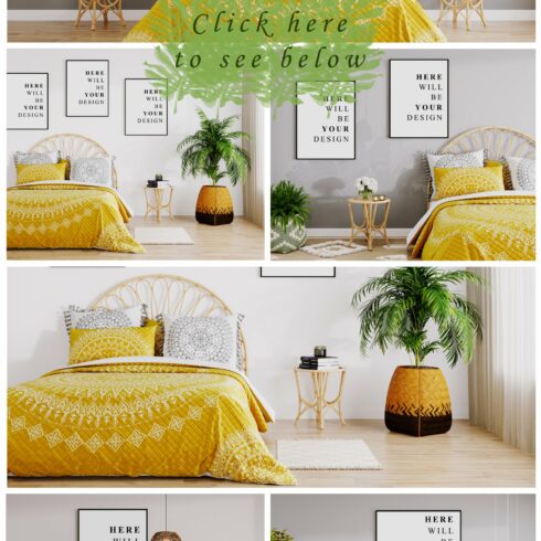 Different parts of the yellow bedroom.