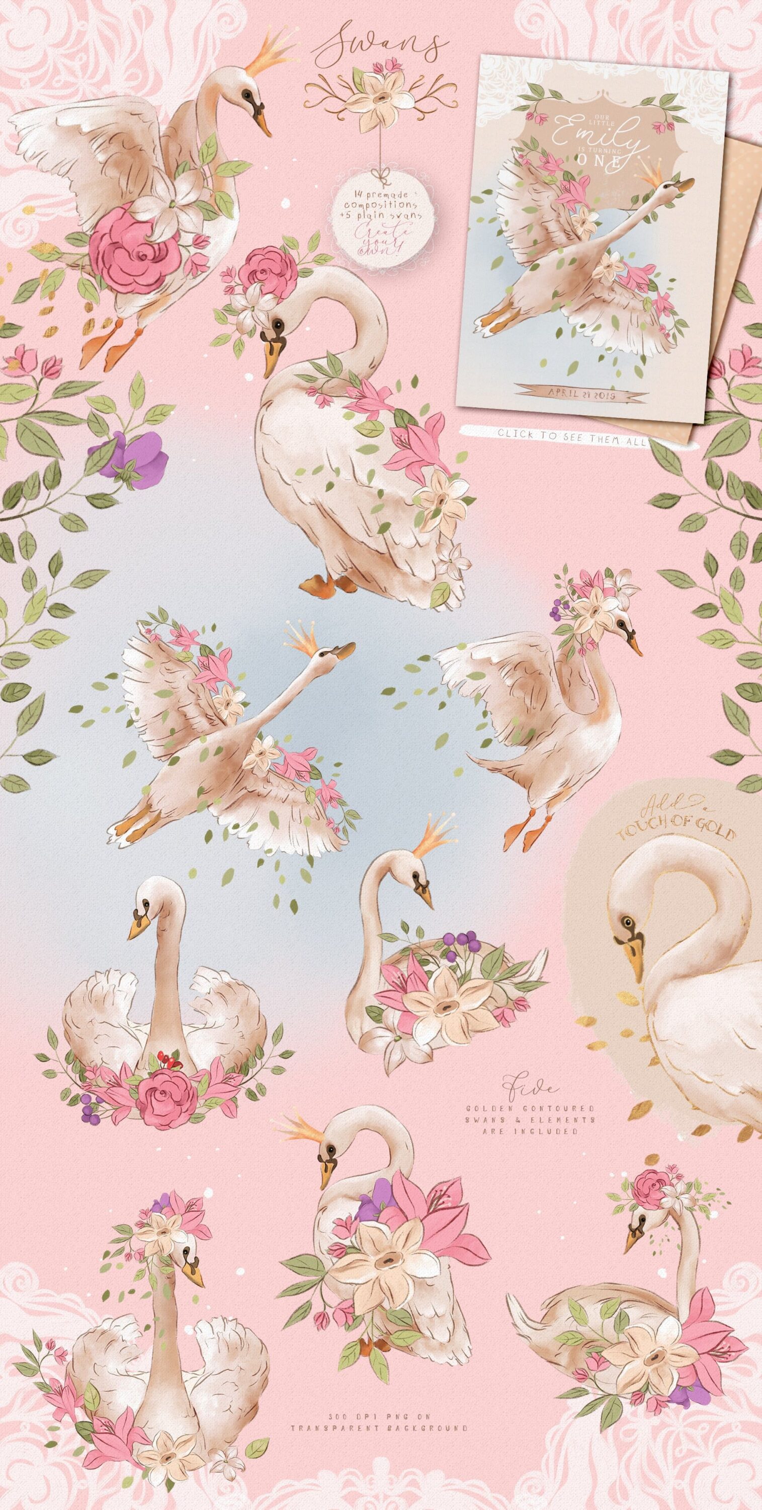 Pink delicate illustration with different princess swan conditions.