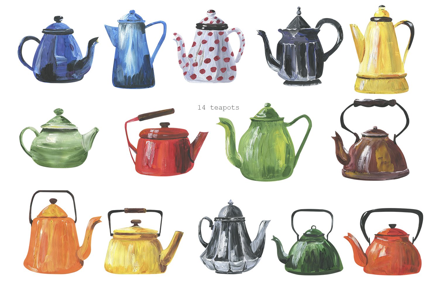 Diverse of colorful teapots.