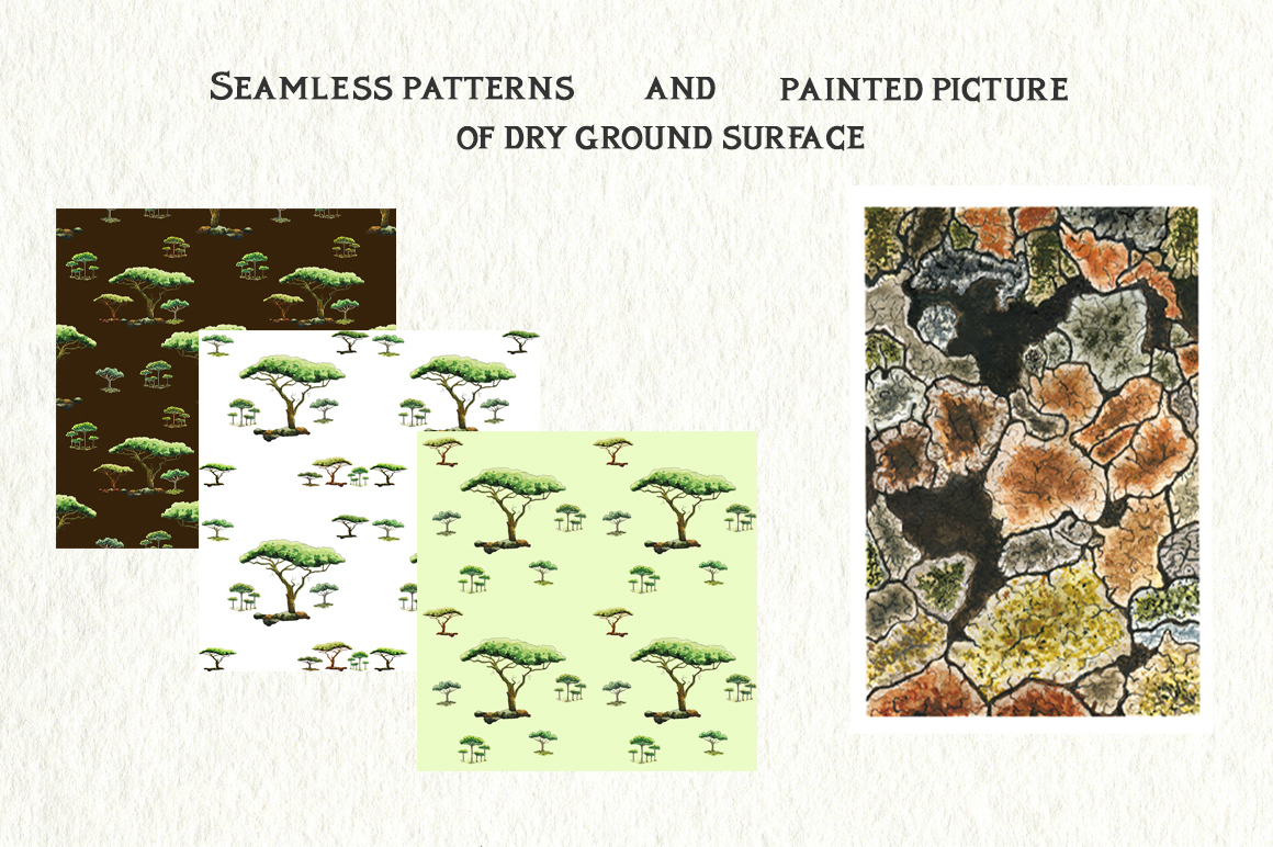 Watercolor Illustrations and Seamless Patterns with Savanna Aesthetic examples.